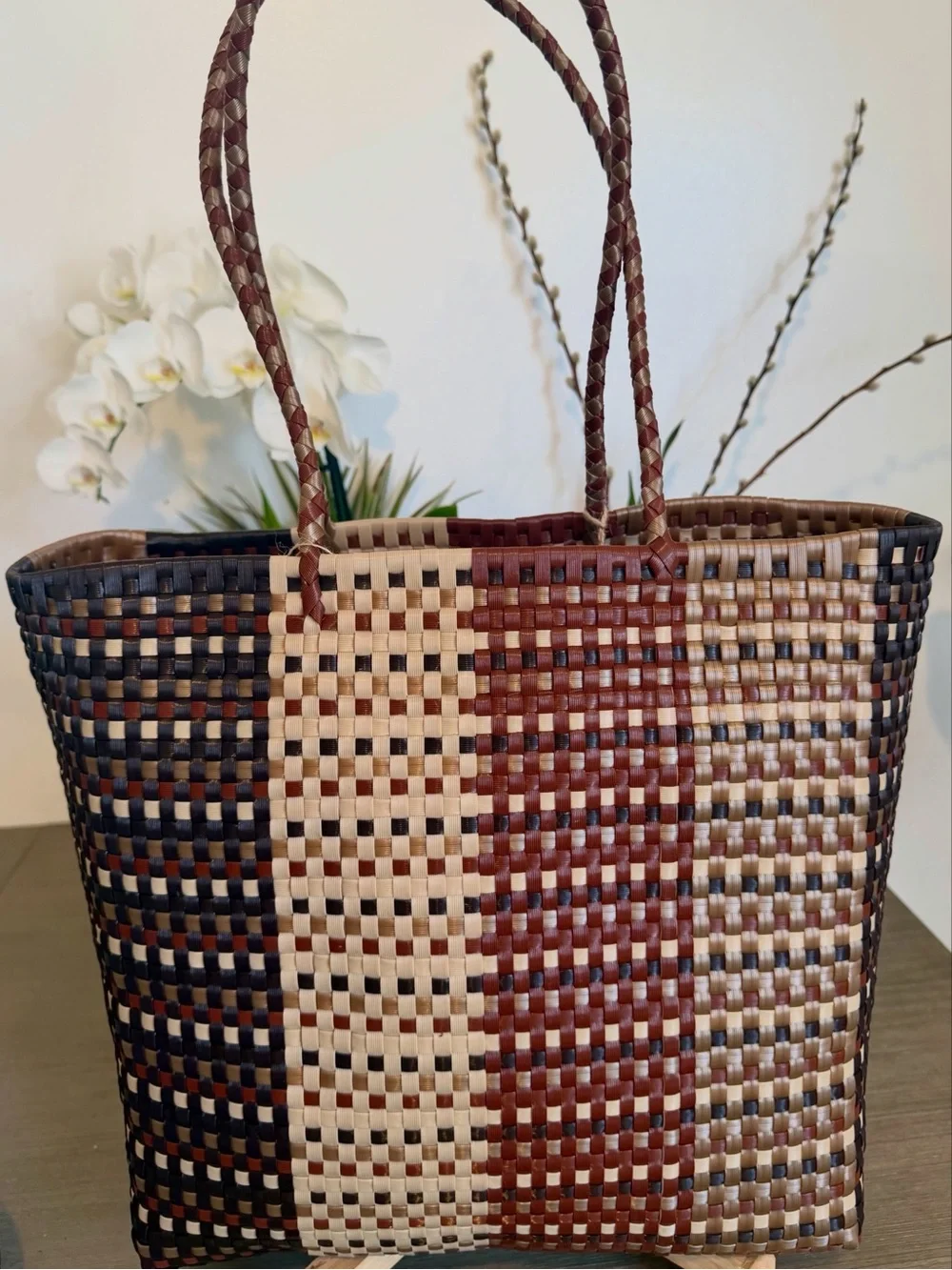 Woven Multicolor Tote Bag - Brown, Black & Cream